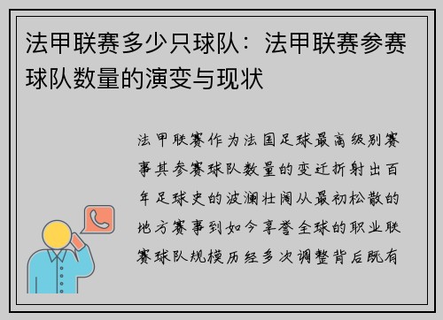 法甲联赛多少只球队：法甲联赛参赛球队数量的演变与现状